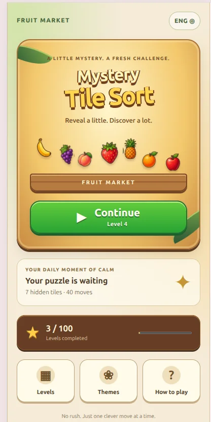Mystery Tile Sort home screen with cheerful fruit illustrations